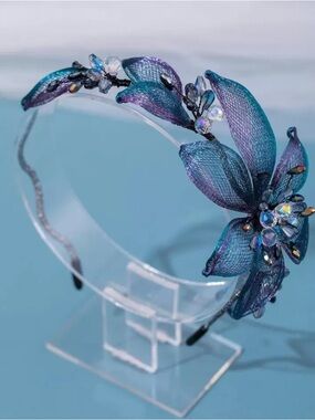blue floral headband with gemstone accents,